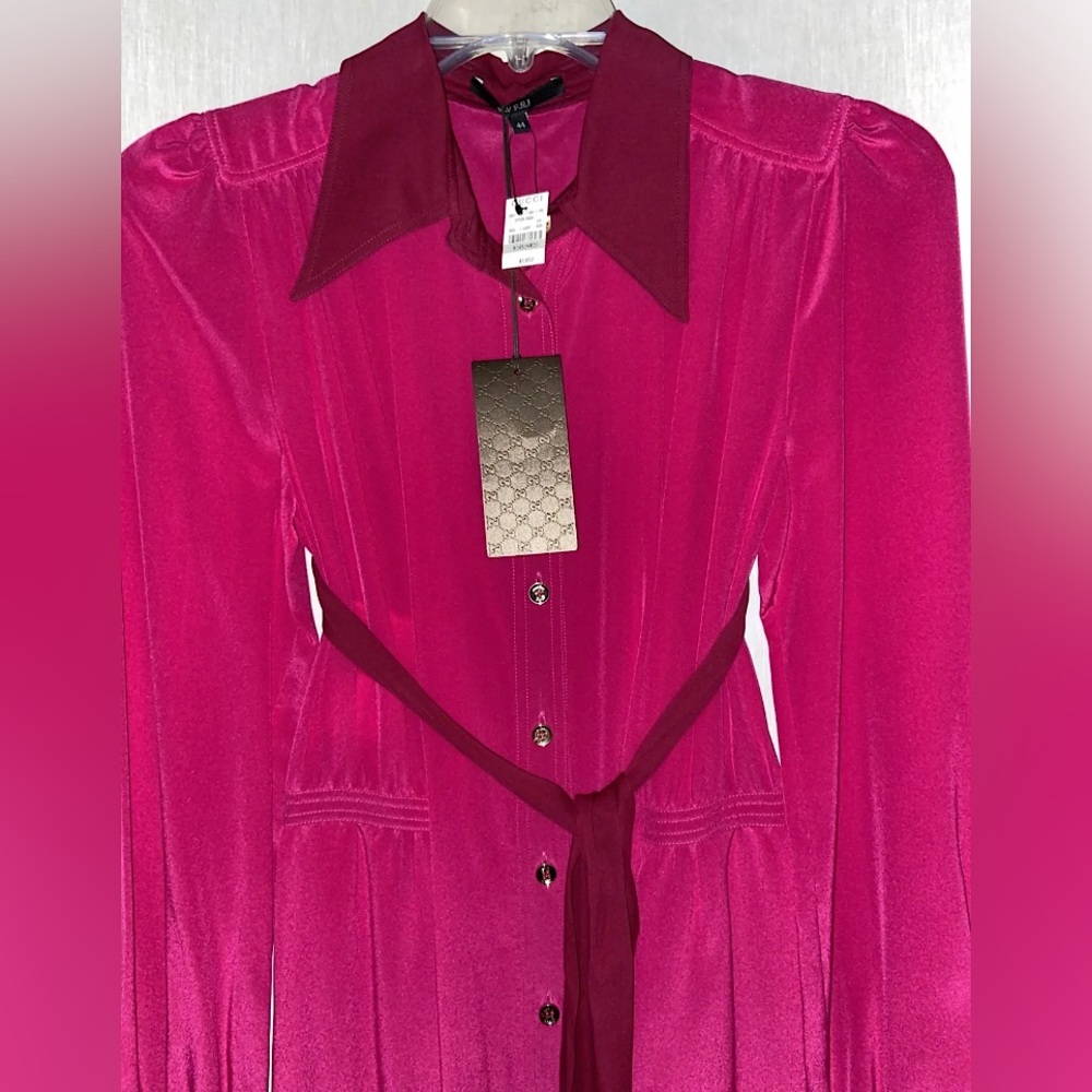 GUCCI silk dress pink & burgundy with gold buttons long sleeve crisscross belt
